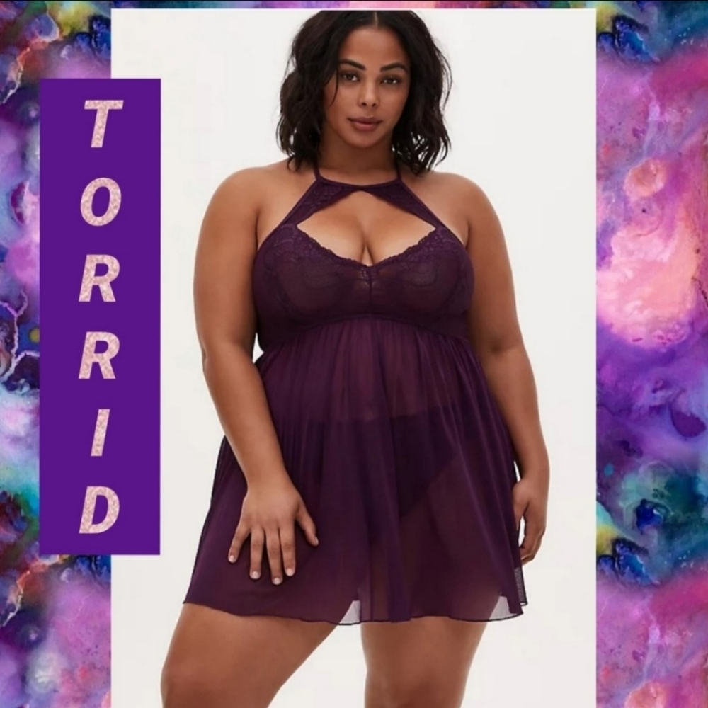 TORRID Grape Purple Lace & Mesh High Kneck Keyhole Babydoll! NWT!